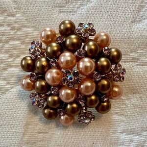 Pearl Cluster Brooch in Champagne and Bronze with Pink Crystal Accents